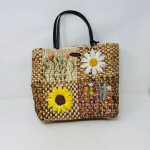 August‎ Woven Straw Mini Tote Bag Embroidered Floral Boho Made in Philippines